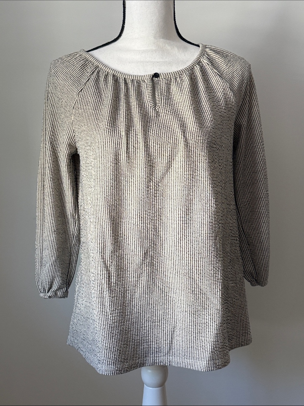 Christopher & Banks Women's Cream and Black Striped Peasant Top